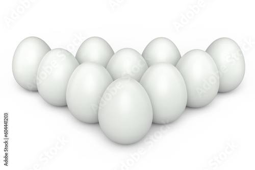 Group farm raw organic white chicken eggs standing in line or queue