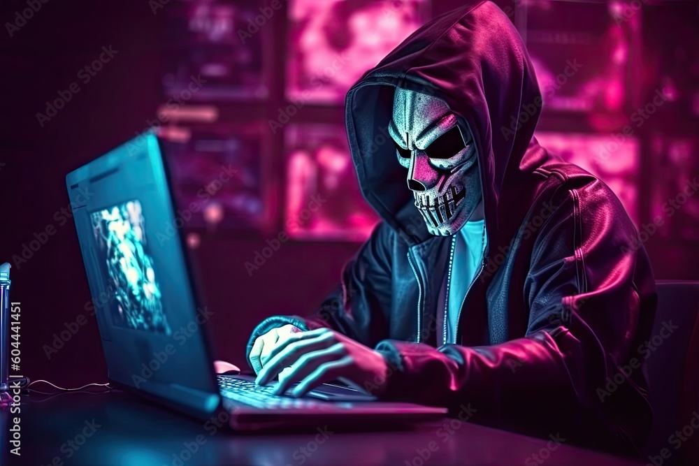 hacker stealing data . Anonymous robot hacker with skull mask typing computer laptop. Concept of hacking cybersecurity, cybercrime, cyberattack hacker stealing data . Anonymous robot hacker with skull mask typing computer laptop. Concept of hacking cybersecurity, cybercrime, cyberattack