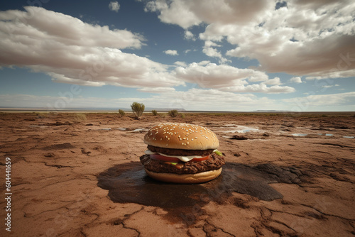Hamburger in small puddle in desert representing dangers of meat consumption - Generative AI