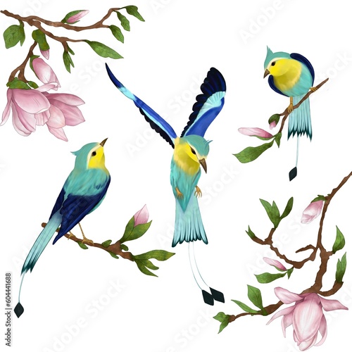 blue-yellow birds and flowers