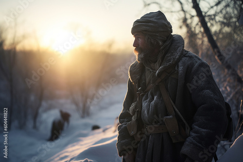 Middle aged russian man walking through snowy tundra with a fur coat and rifle at sunset - Generative AI