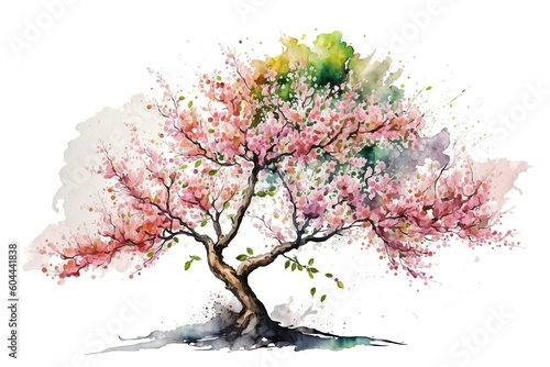 Pink tree blossom in spring isolated on white  watercolor illustration generative AI