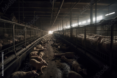 Dark side of factory farming represented by dying animals in dark room - Generative AI photo