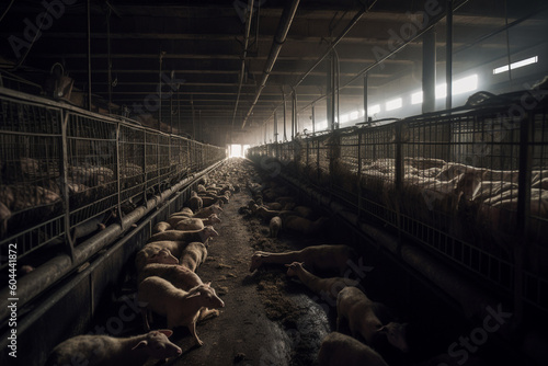 Dark side of factory farming represented by dying animals in dark room - Generative AI