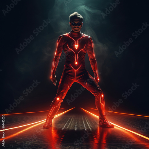 Photo realistic science-fiction, fantasy, illustration of a synthwave, warrior. Anatomy and lighting reference. Generative AI.