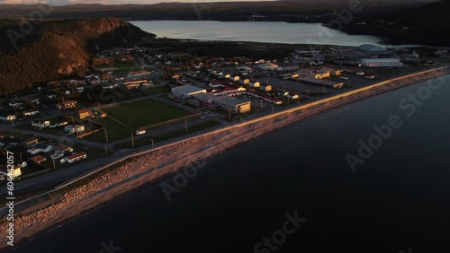 Aerial evening view of a small beachside East coast community of Placentia Newfoundland Canada.
 photo