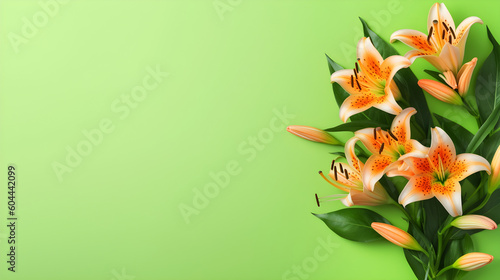Orange Tiger Lilies on Seafoam Green Background Top View in Flat Lay Style. Copyspace for Travel or Summer Sale Banner