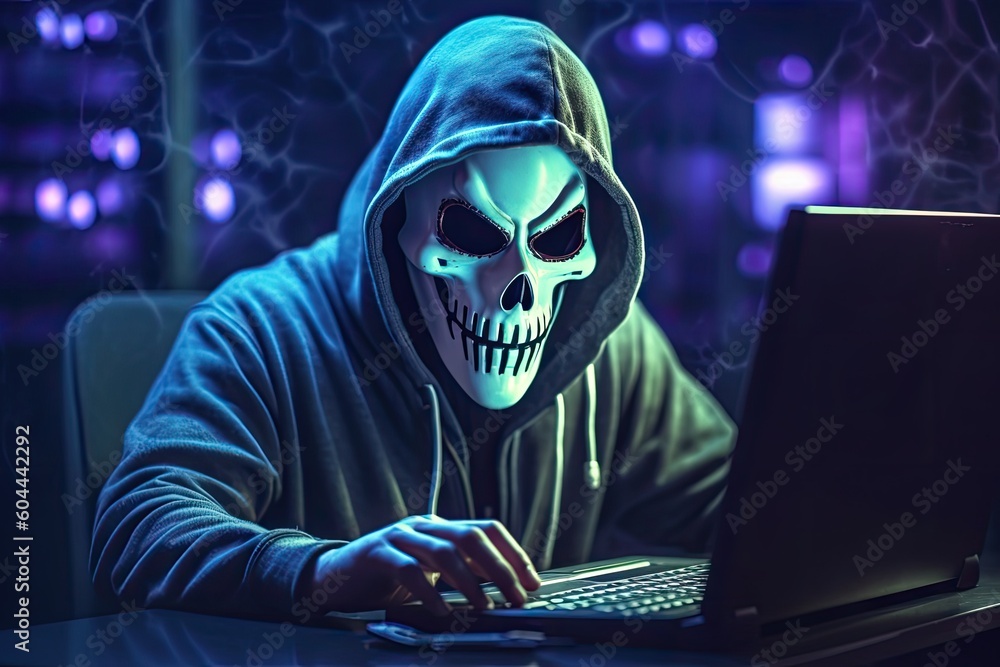 hacker stealing data . Anonymous robot hacker with skull mask typing computer laptop. Concept of hacking cybersecurity, cybercrime, cyberattack hacker stealing data . Anonymous robot hacker with skull mask typing computer laptop. Concept of hacking cybersecurity, cybercrime, cyberattack