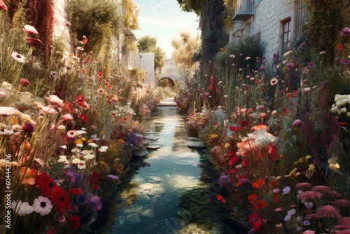 AI Generated hyperrealistic A path full of flowers background