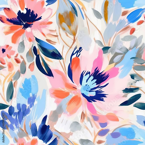 Abstract flowers painting, seamless floral pattern. Generative AI