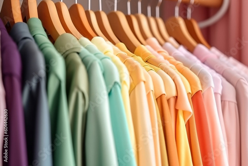 Rainbow Wardrobe: Colorful Pastel Clothes on Hangers, generative AI
