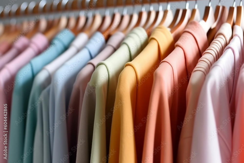 Pastel Rainbow Wardrobe: Colorful Clothes on Clothing Rack, generative AI Pastel Rainbow Wardrobe: Colorful Clothes on Clothing Rack, generative AI