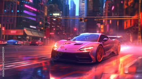 Car drifting action scene in the city at night concept art speed race , AI 