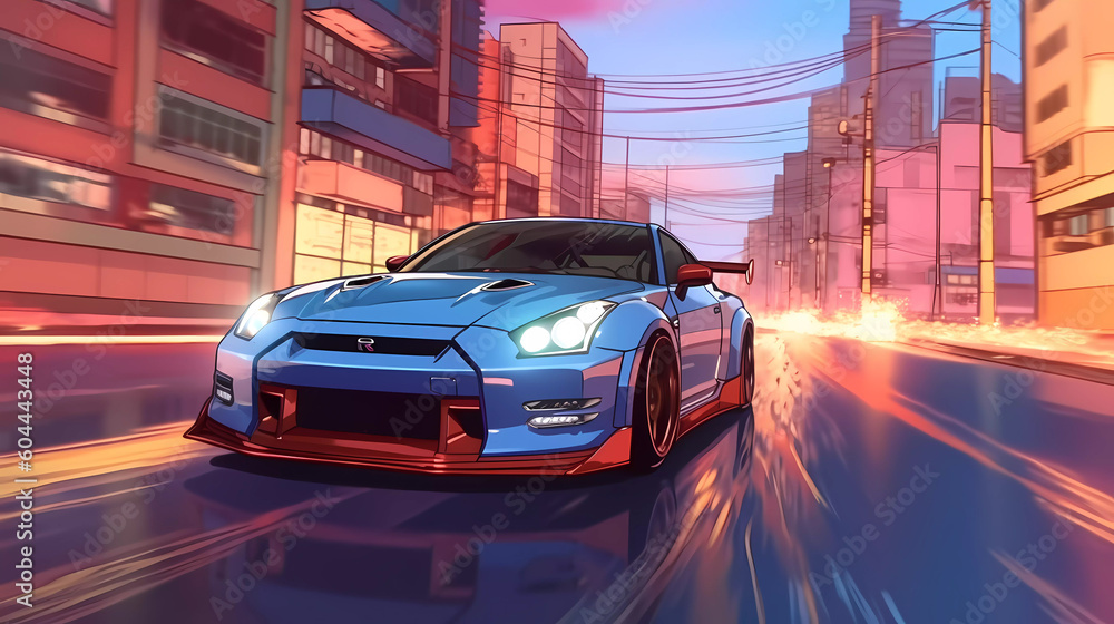 Car drifting action scene in the city at night concept art speed race , AI	
