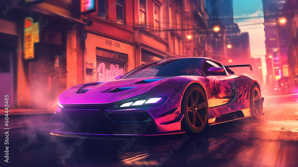 Car drifting action scene in the city at night concept art speed race , AI	
