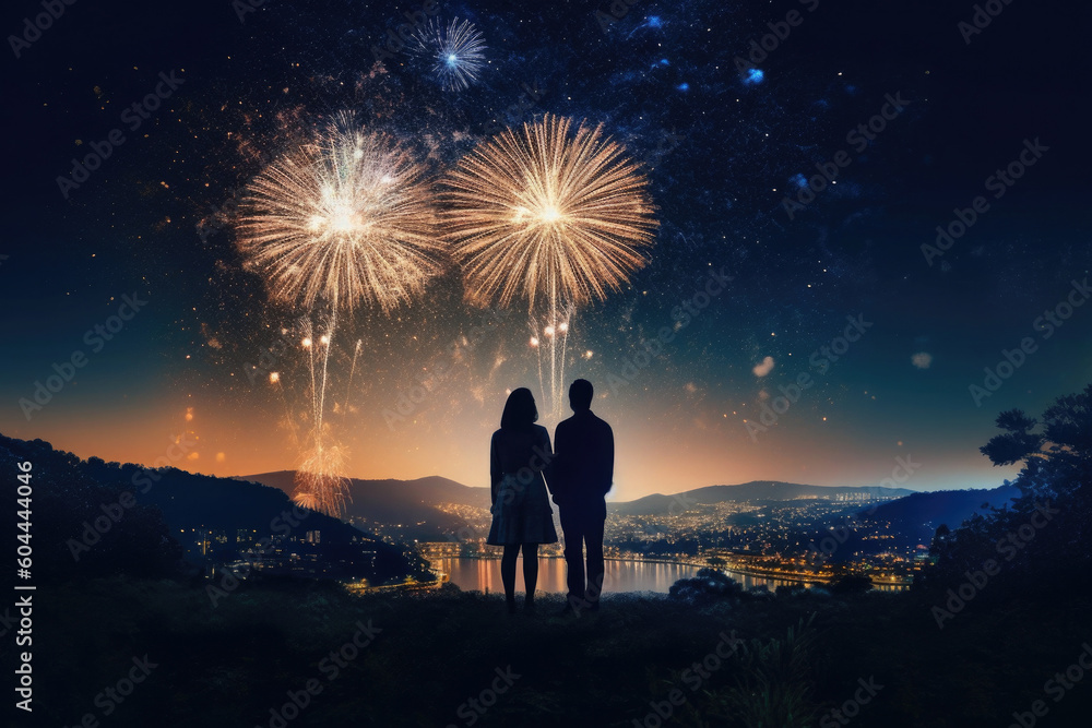 Silhouettes of people looking at colorful fireworks in the night sky. Couple celebrating holiday outdoors. Romantic emotions. Created with Generative AI