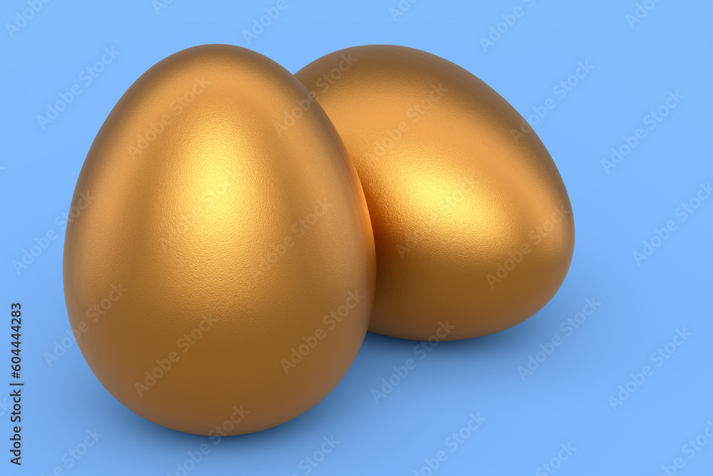 Luxury gold chicken eggs isolated on blue background Luxury gold chicken eggs isolated on blue background