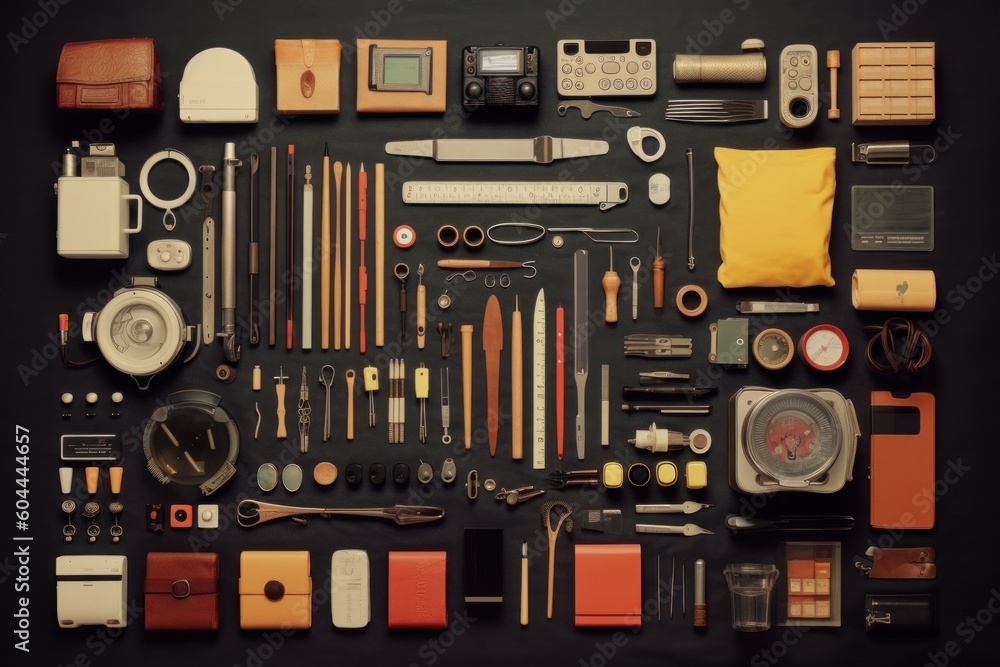 AI Generated Knolling the process of arranging a group of related objects in a clean tools equipment background