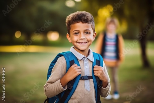 Happy and smiling little boy carrying a backpack going back to school . Generative AI