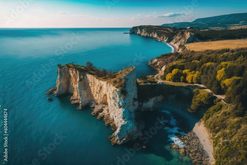 an aerial view of a beautiful beach with rocky cliffs in the background. Generative AI