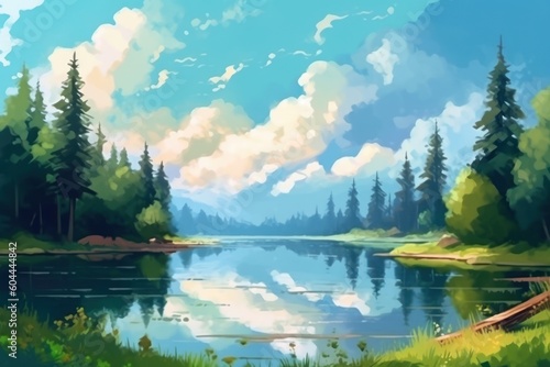 AI Generated lake view with forest and river in summer background