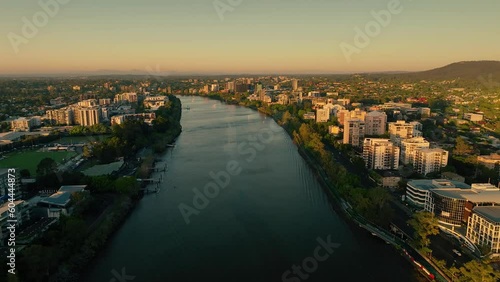2023 - Excellent aerial footage of a riverway surrounded by houses in Brisbane, Australia. photo