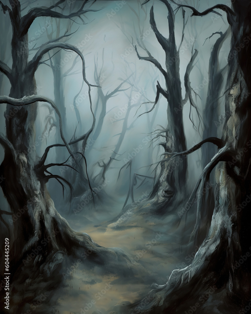 creepy forest with gnarled trees, thick fog, and glowing eyes peering ...