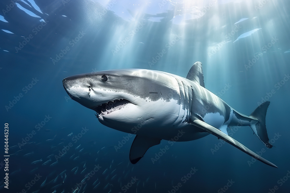 Fototapeta premium Great white shark swimming under the sea, generative ai 
