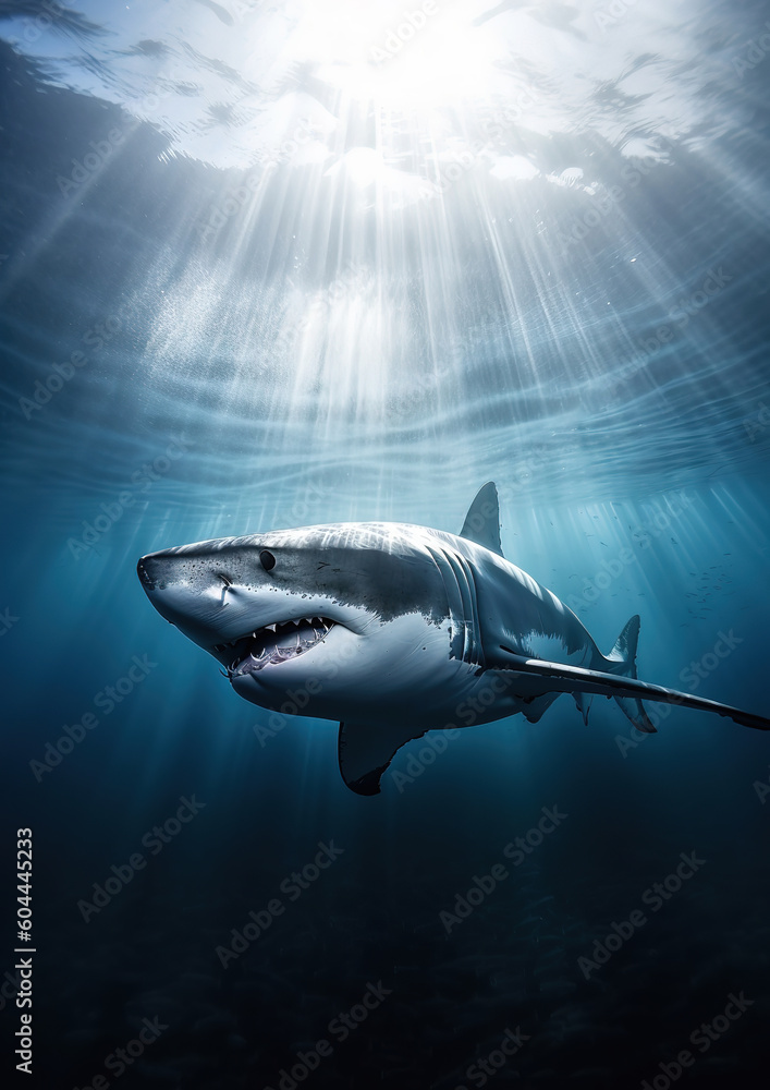 Naklejka premium Great white shark swimming under the sea, generative ai