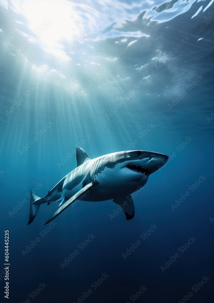 Obraz premium Great white shark swimming under the sea, generative ai 