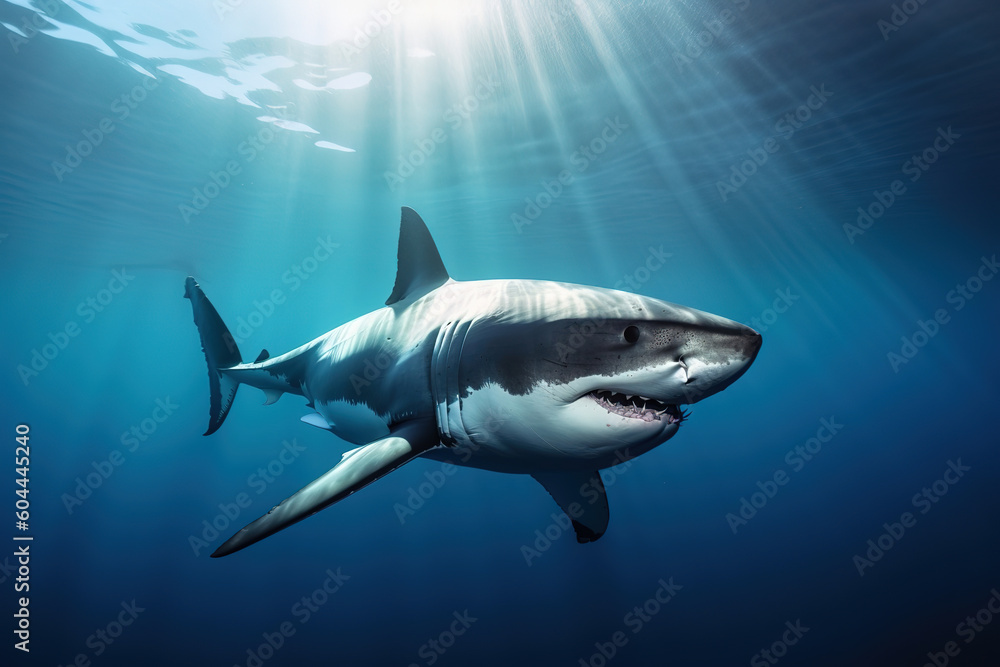 Great white shark swimming under the sea, generative ai Great white shark swimming under the sea, generative ai