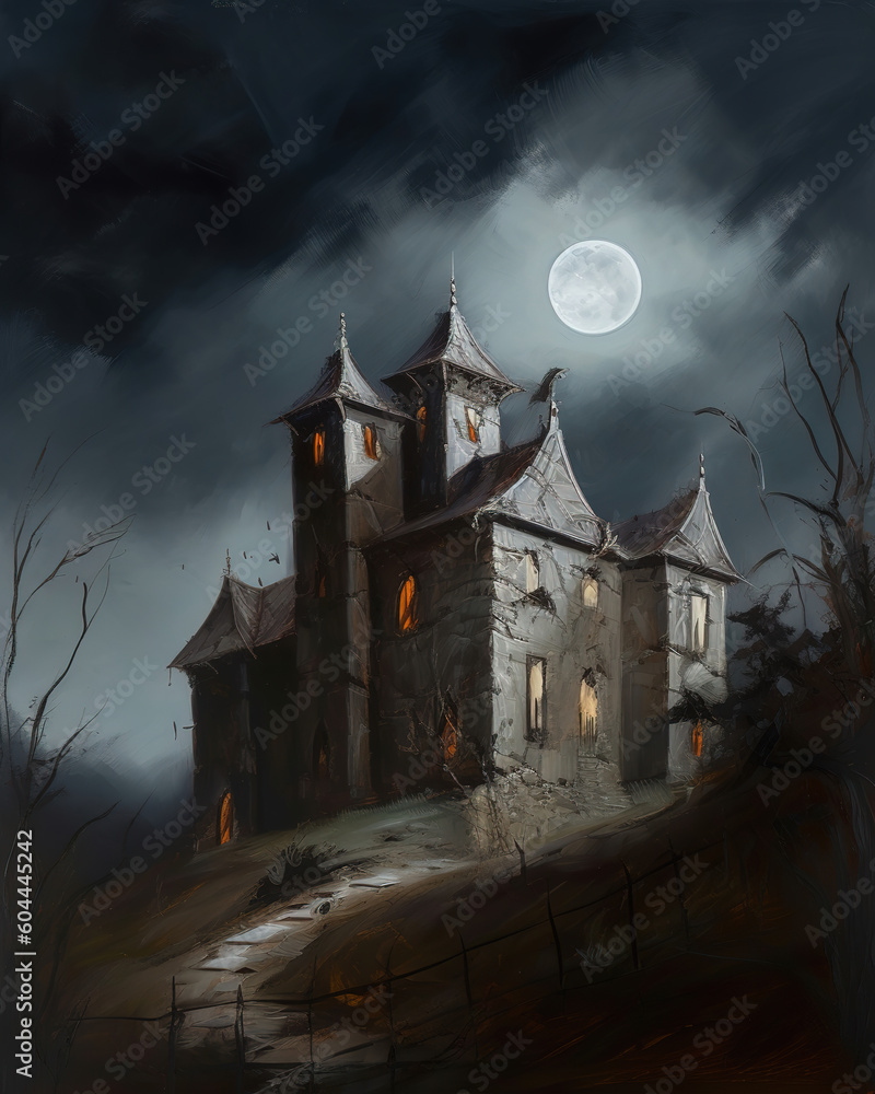 haunted castle with dark clouds looming overhead, a full moon in the background, and ghostly apparitions lurking in the shadows. Oil paint  style, generative ai 