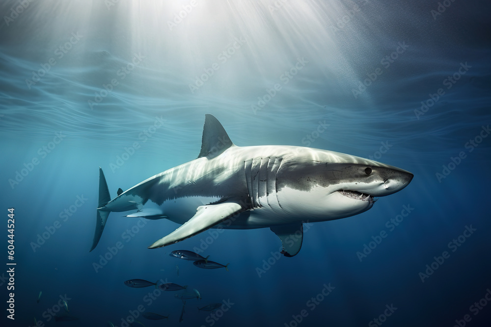 Great white shark swimming under the sea, generative ai 