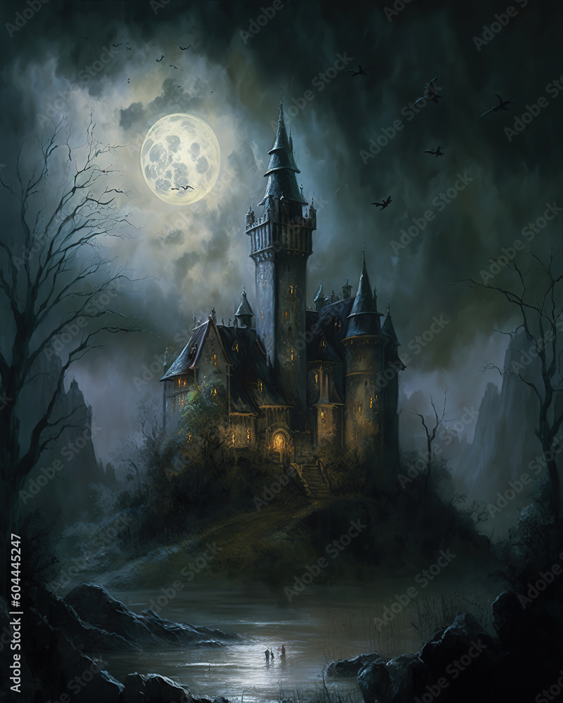 haunted castle with dark clouds looming overhead, a full moon in the ...