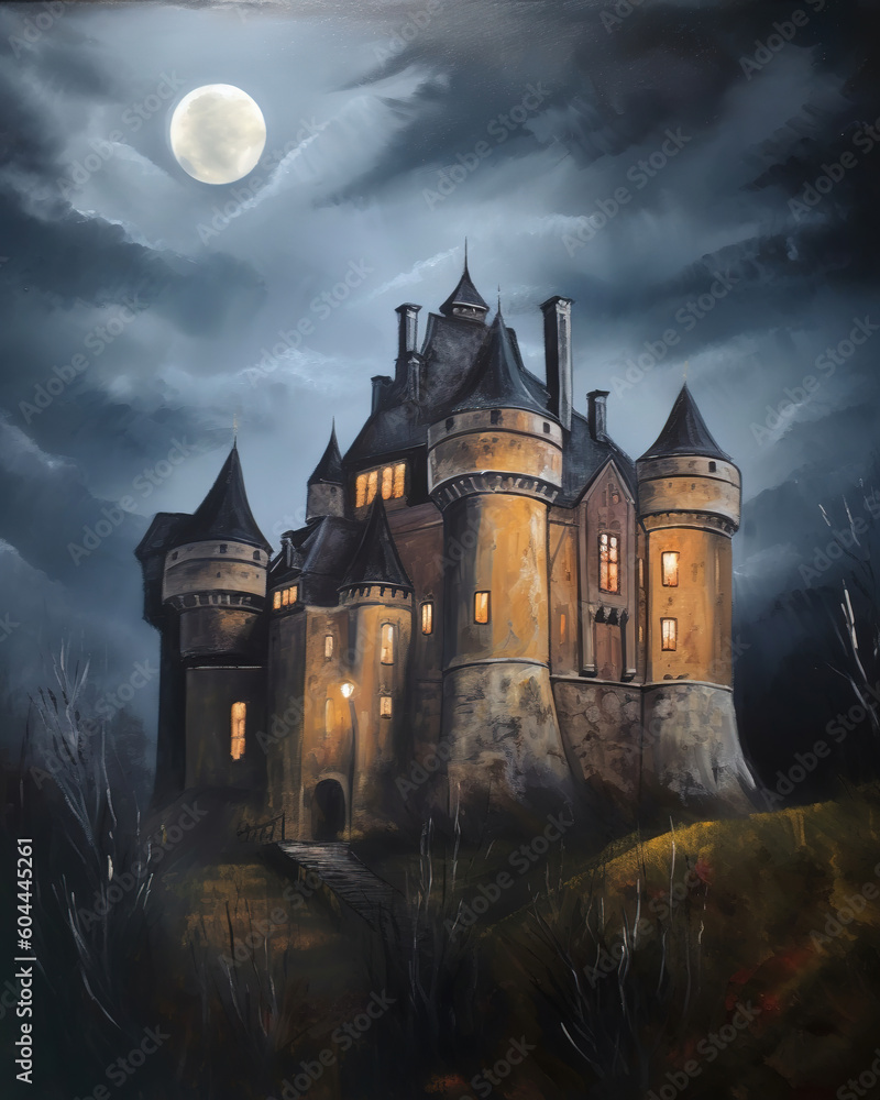 haunted castle with dark clouds looming overhead, a full moon in the background, and ghostly apparitions lurking in the shadows. Oil paint  style, generative ai 