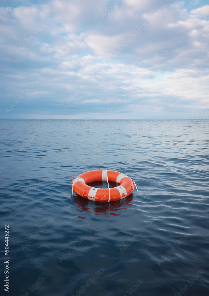 Life buoy on blue water. Rescue on the sea, generative ai 