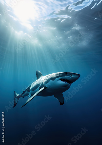 Great white shark swimming under the sea  generative ai 