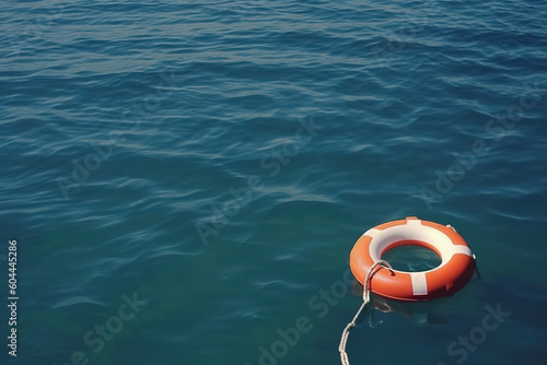 Life buoy on blue water. Rescue on the sea, generative ai 