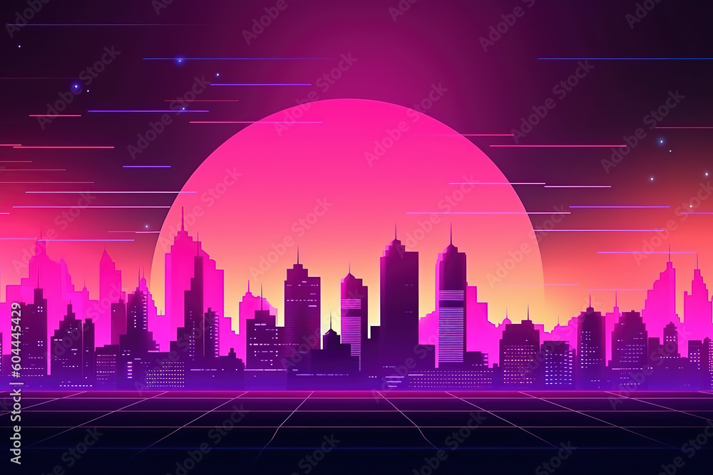 Retro futuristic synthwave retrowave cityscape, generative ai Retro futuristic synthwave retrowave cityscape, generative ai