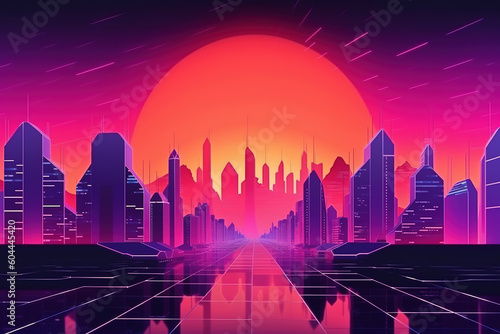 Retro futuristic synthwave retrowave cityscape, generative ai 