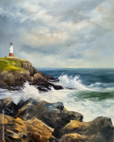 rocky shoreline with crashing waves and a lighthouse perched on a cliff in the distance. Oil paint style, generative ai 