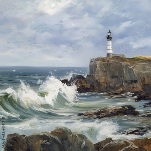 rocky shoreline with crashing waves and a lighthouse perched on a cliff in the distance. Oil paint style, generative ai 