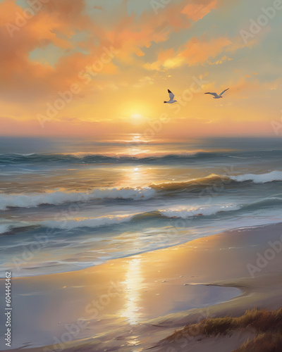 serene beach scene at sunset  with gentle waves lapping at the shore and seagulls flying in the distance. Oil paint  style  generative ai 