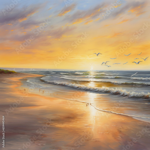 serene beach scene at sunset  with gentle waves lapping at the shore and seagulls flying in the distance. Oil paint  style  generative ai 