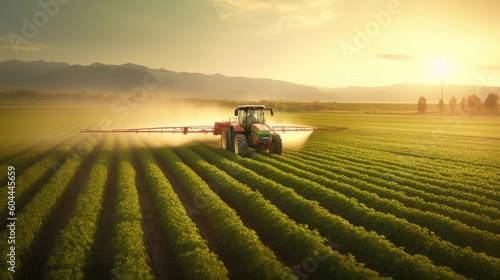 A spring generation soybean field being sprayed with pesticides by tractor. (Generative AI)