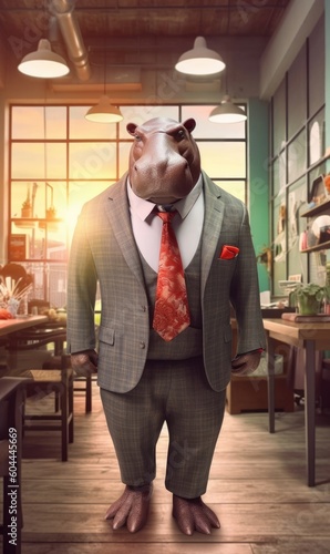 Hippopotamus dressed in a suit like a businessman (generative AI) photo