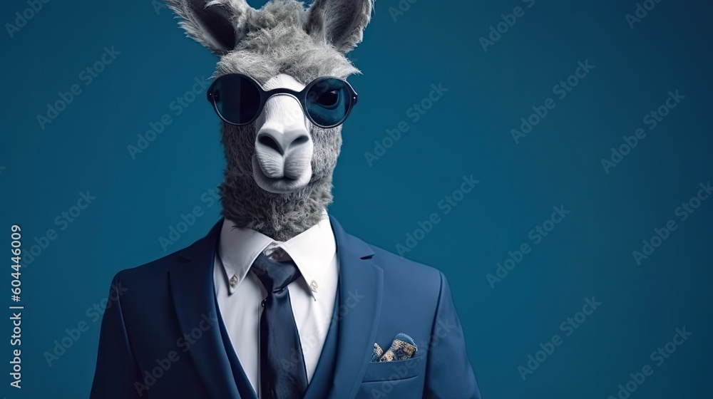 AI generated portrait of a man in a business suit, his head replaced by a llama's, symbolizing curiosity in business