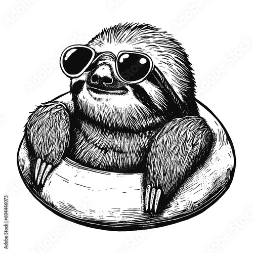cool sloth wearing sunglasses in a swimming ring vector sketch