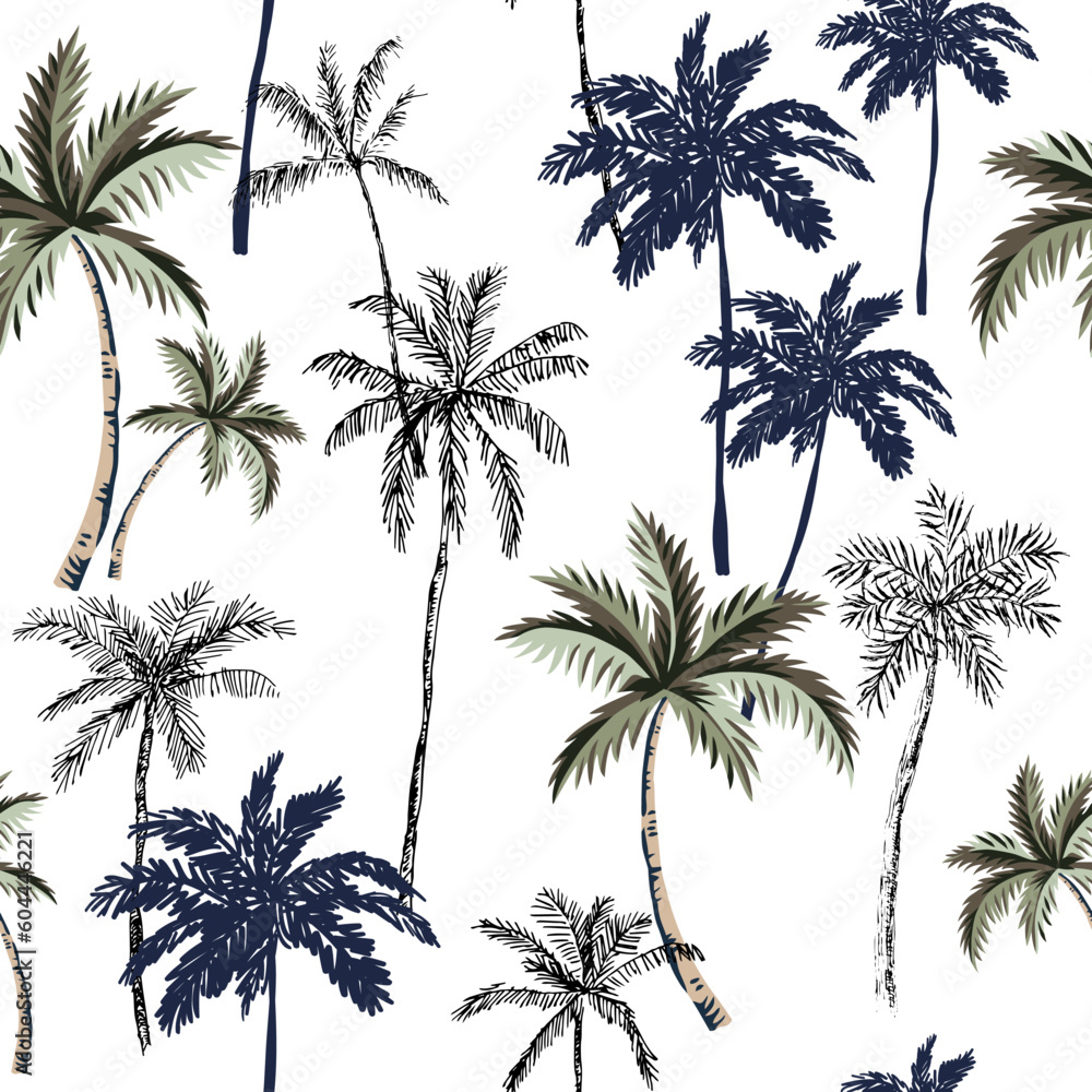 Tropical palm trees, white background. Seamless pattern. Vector illustration. Exotic nature. Summer beach design