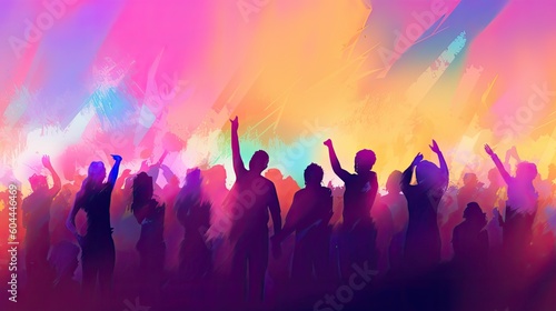 People's silhouettes at a music festival, radiating energetic hues, a visual feast of AI-enhanced, neural color symphony